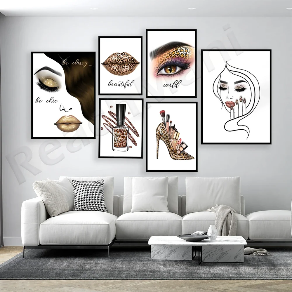 Fashion beauty poster, cheetah lips, high heels, eye makeup, eye shadow, nails, lipstick, mascara, wild beauty fashion poster