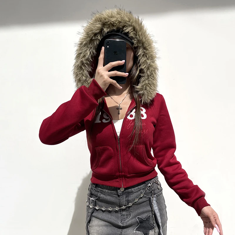 HEYounGIRL Y2K Fur Trim Hooded Sweatshirt Red Letter Print Zipper Coat with Pocket Women Streetwear Winter 90s Outwear Vintage