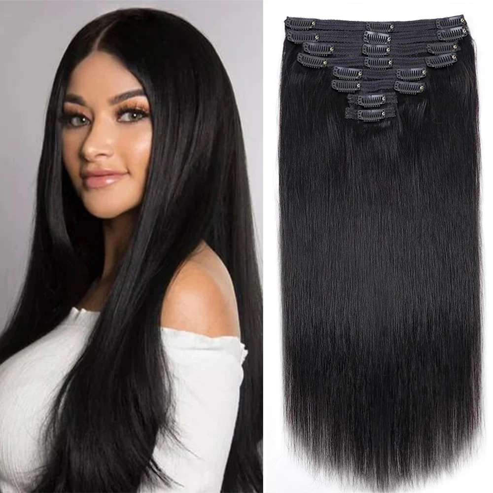 Extensiones de cabello humano Remy para mujer, extensiones de cabello largo y liso, 18 Clips de alta temperatura, 24 y 26 pulgadas, 8 unidades por juego