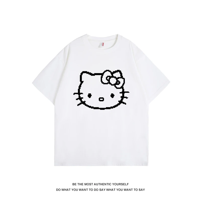

Женская летняя футболка hello kitty с японским рисунком и котом, простой милый свободный дизайн с короткими рукавами для пары