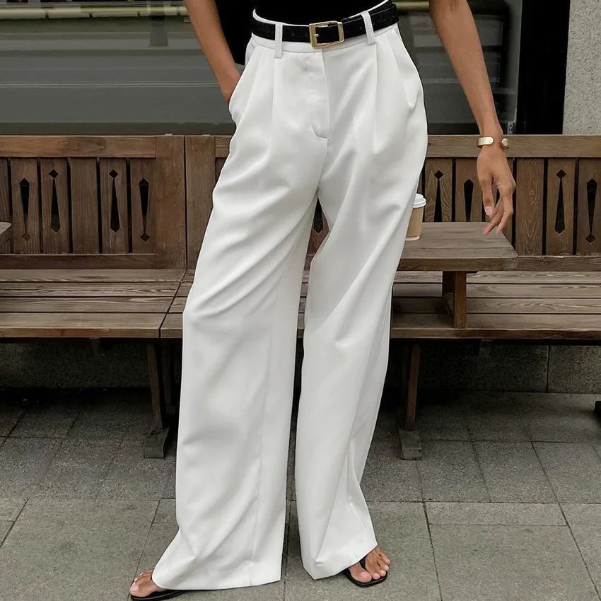 Spring and Autumn 2024 New White High Waist and Wide Legs Elegant Commuter Joker Fashion Casual Women’s Pants