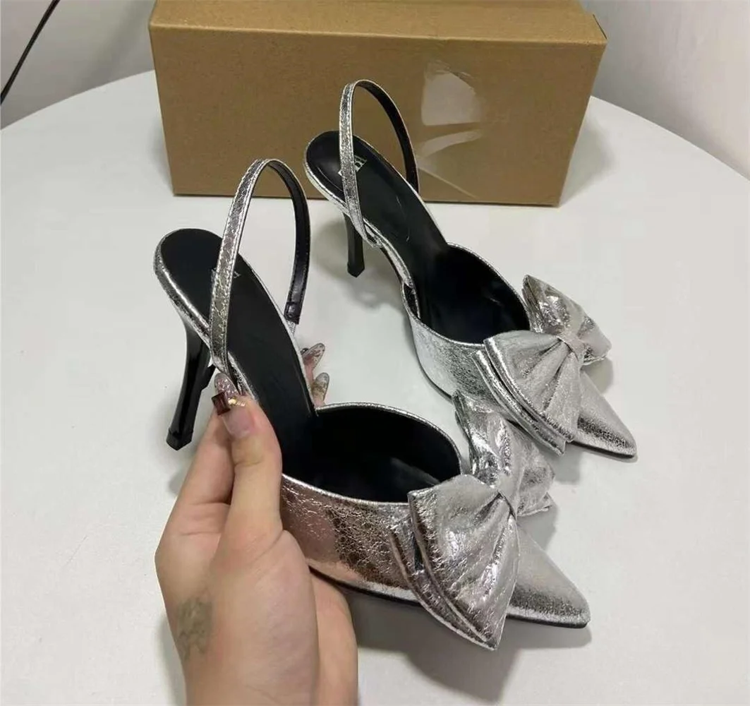 TRAF Women\'s Silver Bow High Heels Sexy Pointed Toe Leather Female Baotou Pumps 2024 Summer Elegant Lady Party Prom Heel Shoes