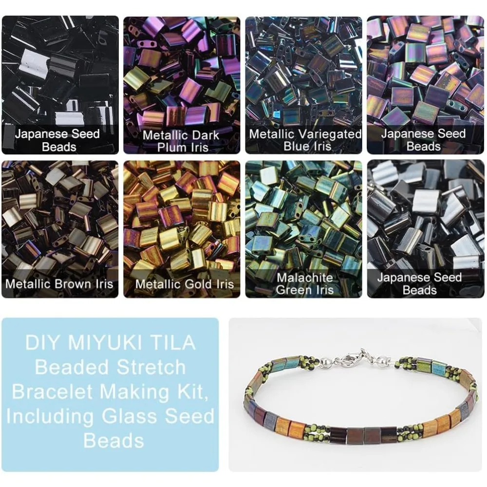 About 208Pcs Metallic Tila Beads Kit 8 Colors 5 * 5mm Glass Seed Beads Kit Including Elastic Thread and Stainless Steel