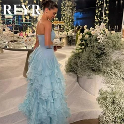 RFYR Sky Blue Prom Dress Strapless Evening Party Dresses Beach Dress Floor Length Tiered Vestido Formal Party Gowns Customized
