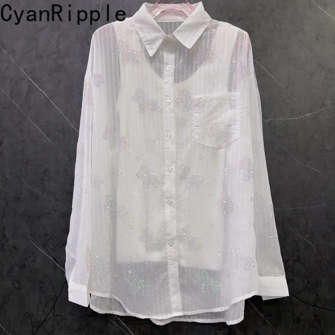

2026 New Summer White Long Sleeve Sun Protection Clothing Hot Diamonds Horse Stripes Loose Cardigans Shirt Casual Thin Blouses
