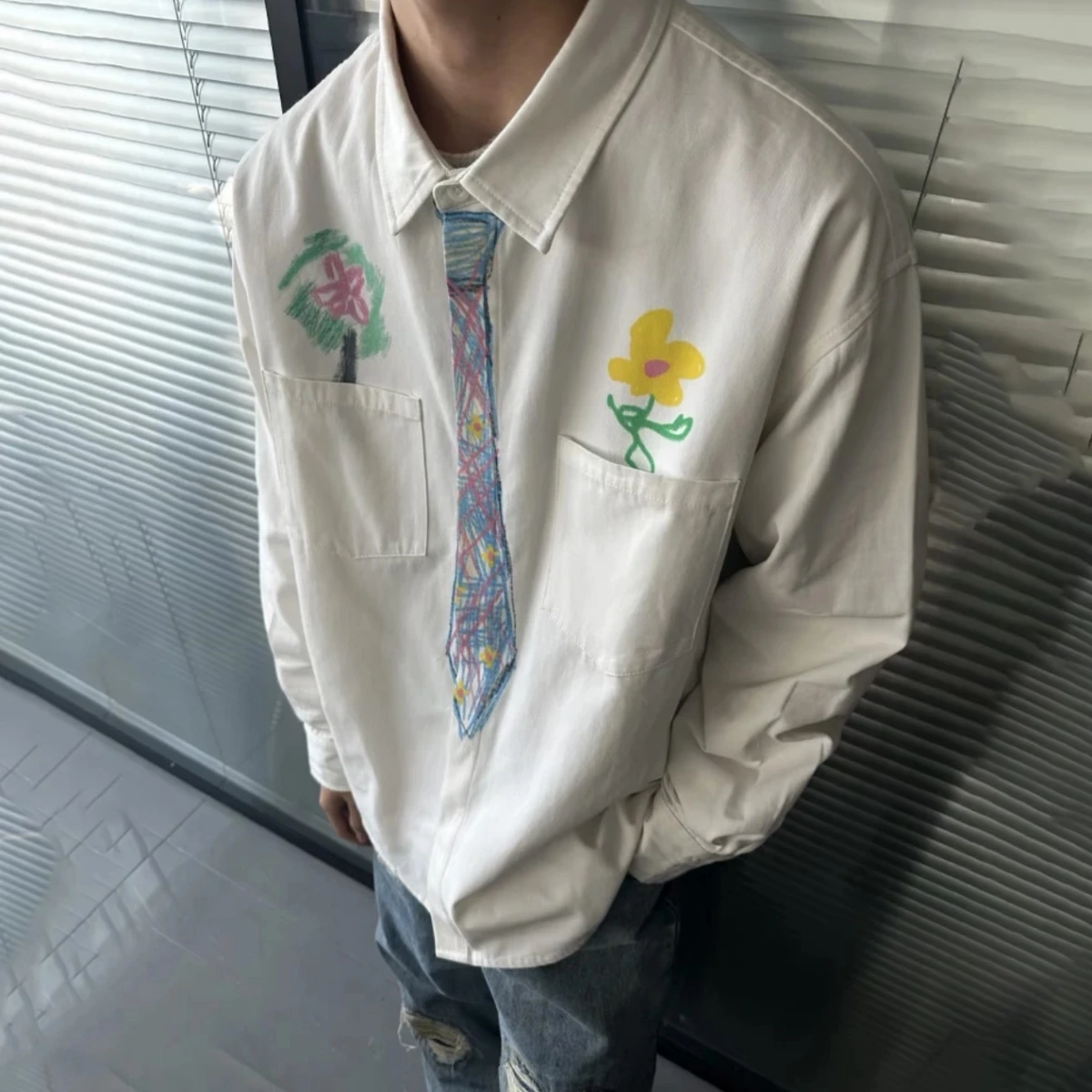

Hand-Painted Creative Men's Long Sve irt with Tie Couple's College Sle High-End Feeling Cool Outerwear