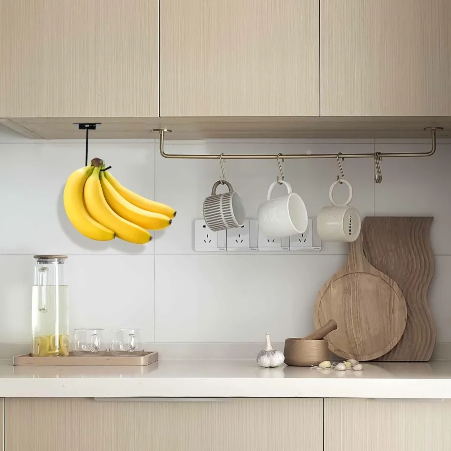 خطافات تعليق با المعدنية مع خطاف قابل للطي تحت الخزانة للعناصر وإكسسوارات المطبخ للحفاظ على الفواكه طازجة باللون الأسود، عبوة واحدة