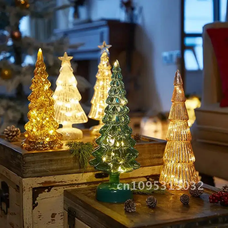 

Glowing Glass Christmas Tree Ornaments Home Xmas Desktop Decoration Light Decorations Festival Night Gift Party Kid Luminous Led