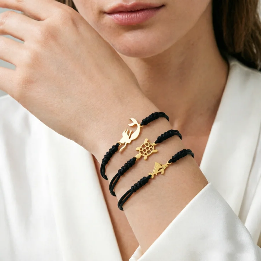 Minimalist Stainless Steel Rope Bracelet Unisex Sliding Adjustable Turtle Airplane Handmade Braided Braslet Daily Couple Jewelry