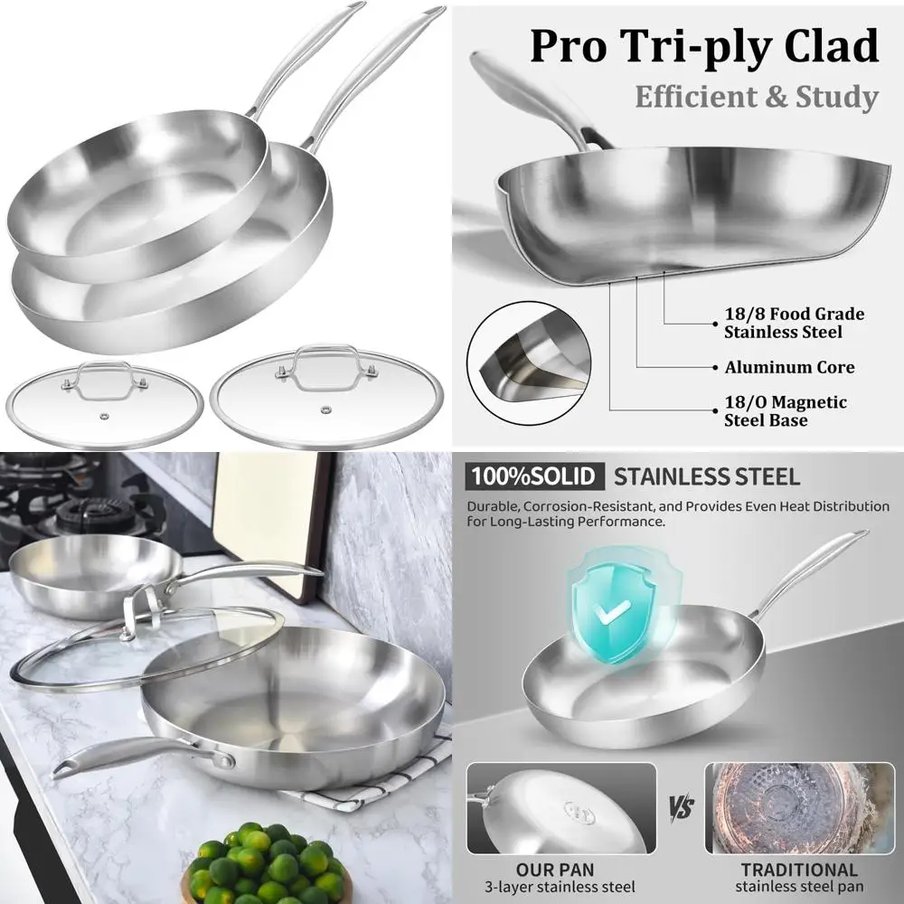

10-12 Inch Tri-Ply Stainless Steel Frying Pan Set with Lids, Skillets, Induction Cookware, Dishwasher and Oven Safe, Perfect for