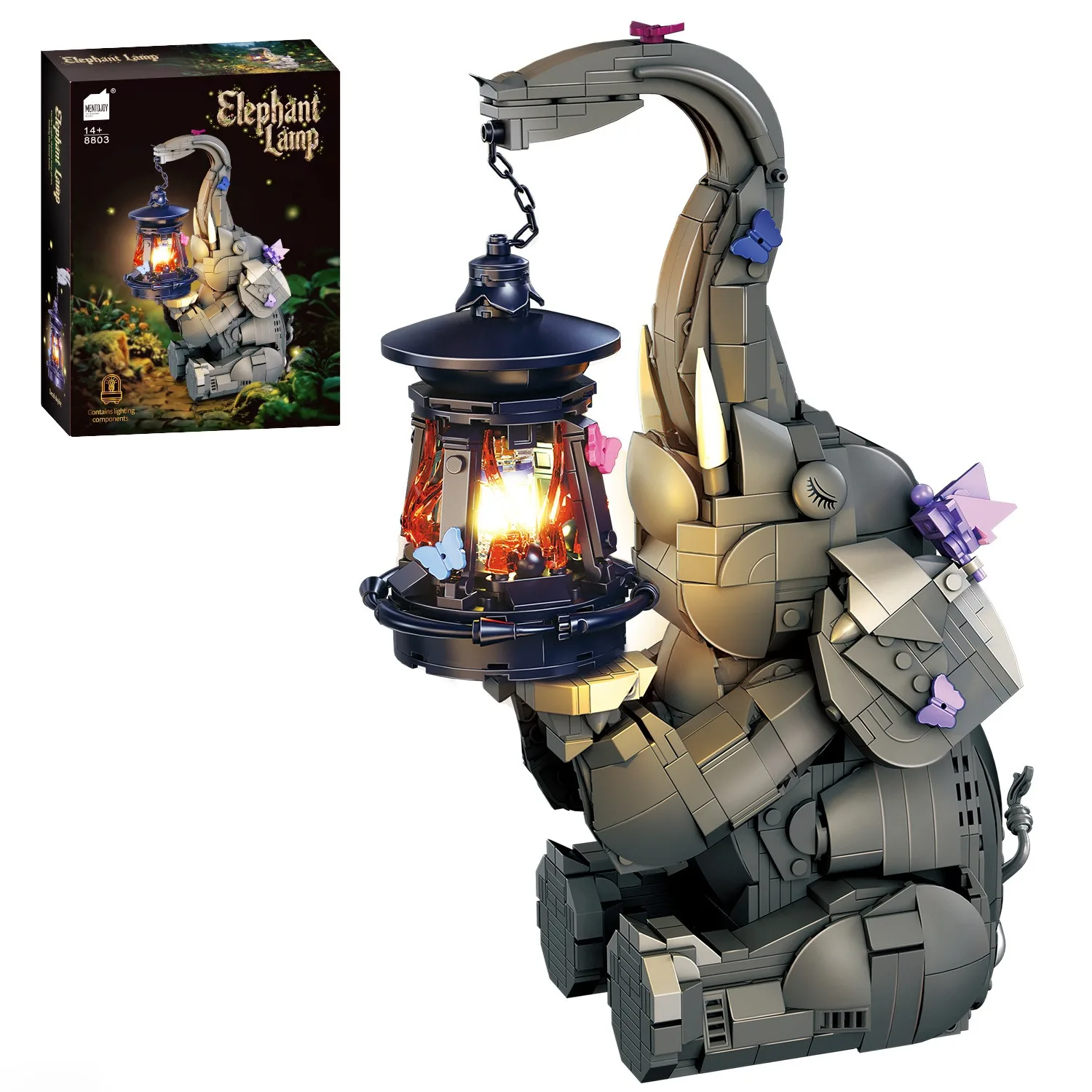 Elephant Lamp Building Blocks Set with LED Light Retro Bricks Model Desktop Ornament Assembly Toy Bedroom Night Light Holiday
