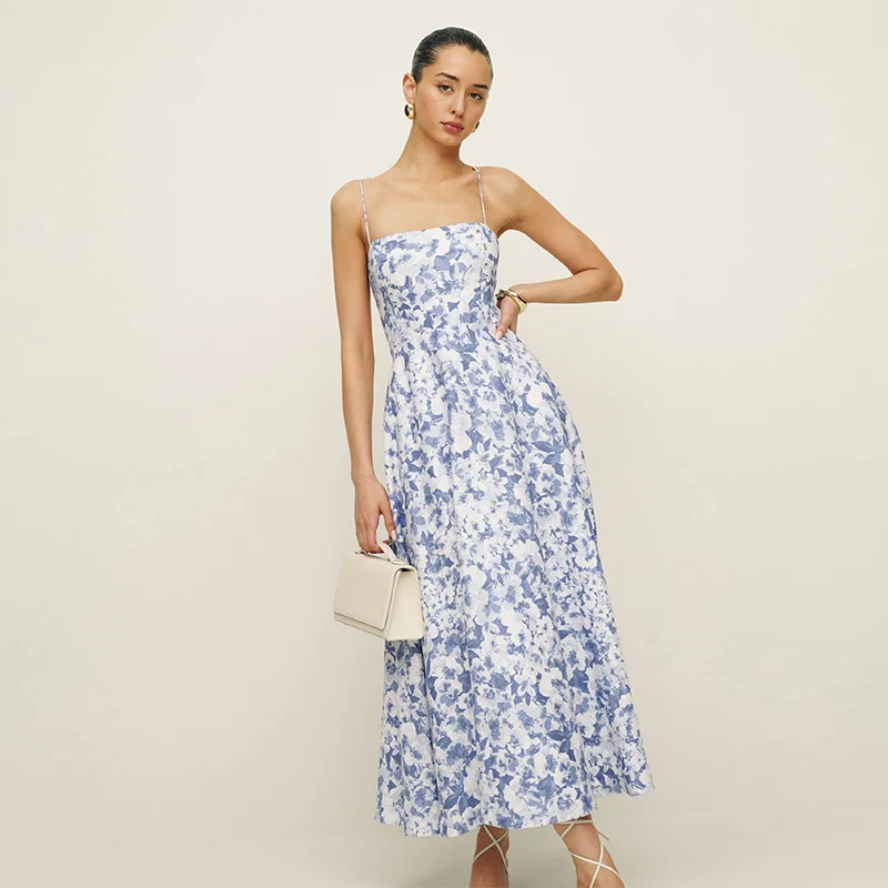 

Silk Linen Women Floral Print Midi Dress Spaghetti Strap Square Neck A-Line Flared Dress Elegant Blue White Vacation Sundress