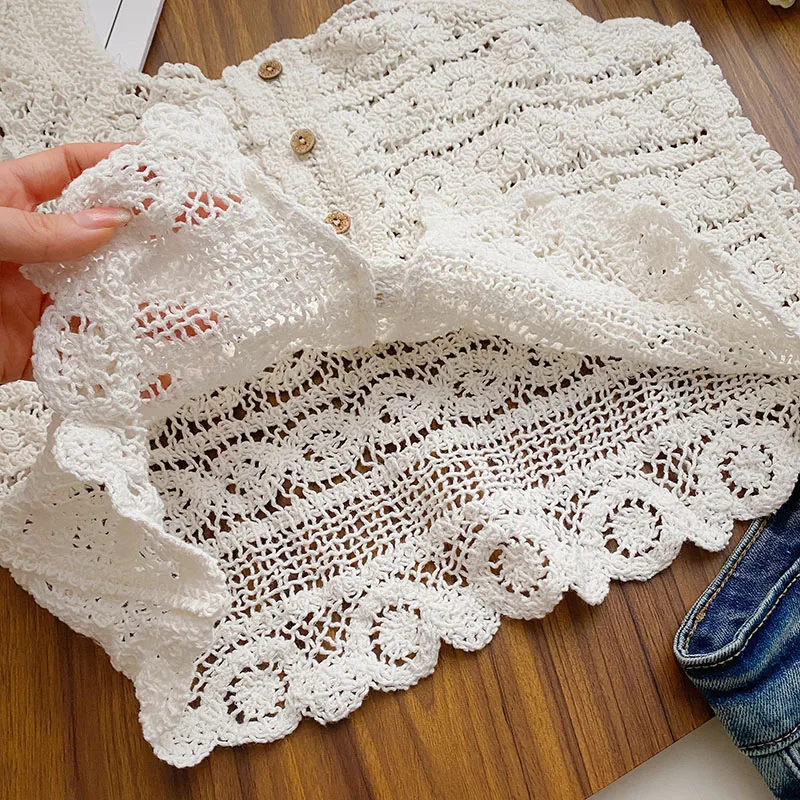 Sheer Crochet Top Embroidery Lace Blouse Sleeveless Button Front Open-knit Cardigan for Women Spring Summer Boho Vacation Outfit