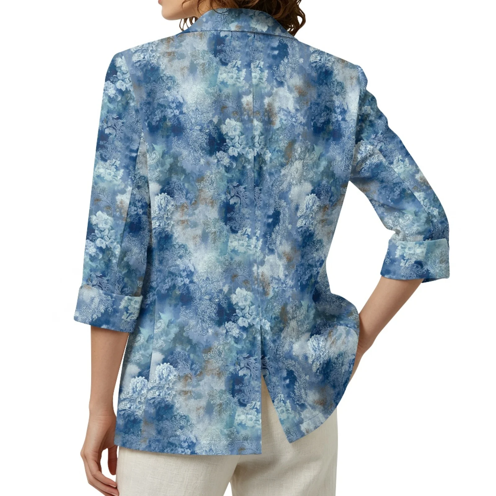 PENSTROLL Blue Floral Print Loose Beach Cover Up for Daily Linen Style Beach Cover Ups S-3XL