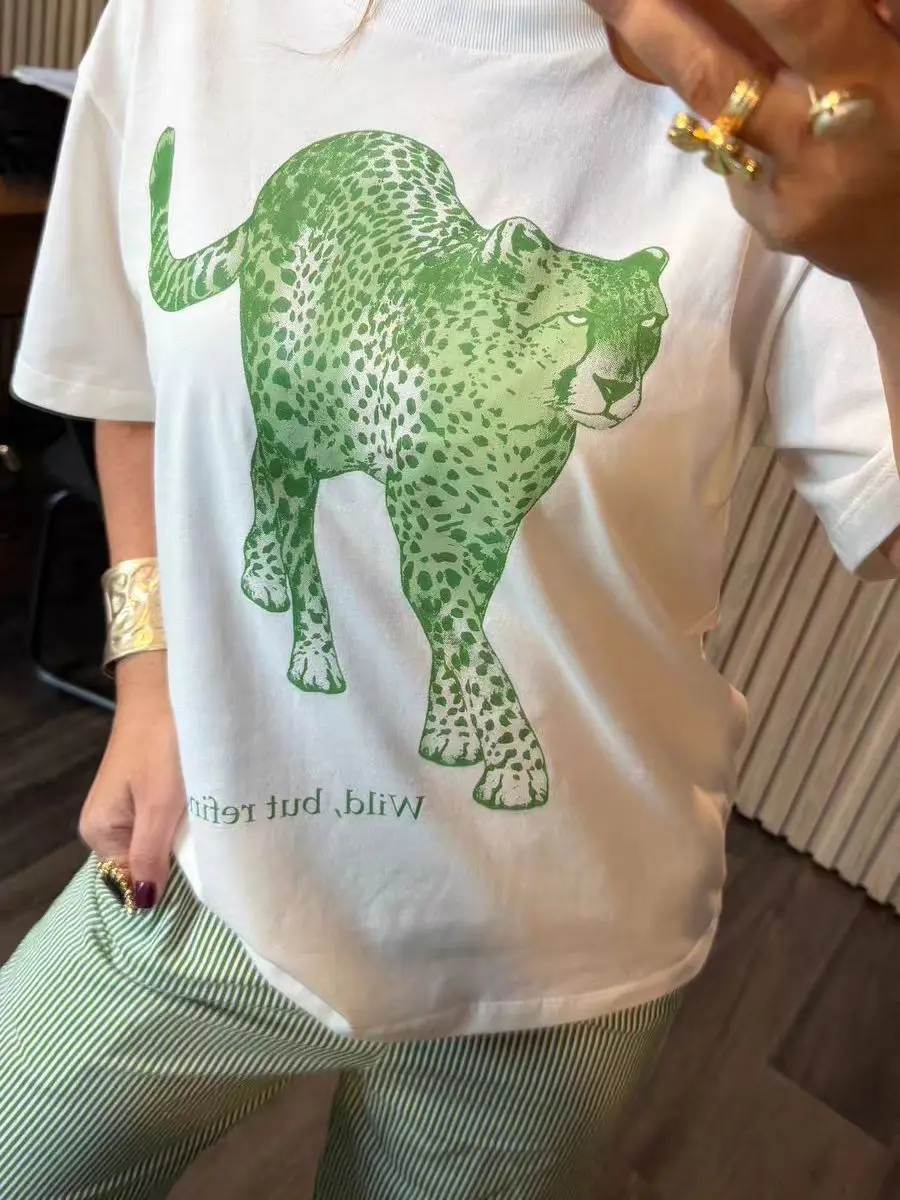 American Retro Vintage Creative Green Tiger Print Large Size Casual Cotton Graphic T Shirts Women Short Sleeve White T-shirt New