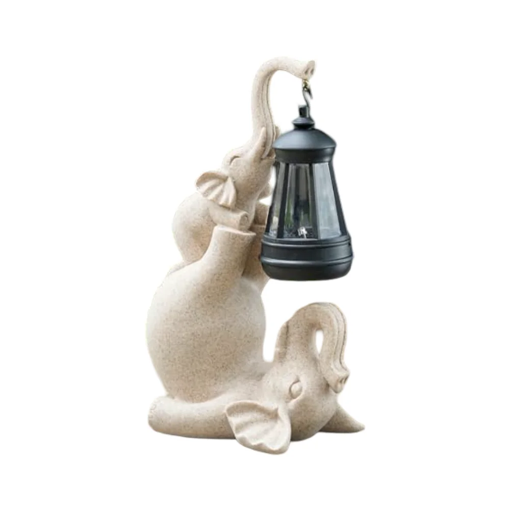 Tuinactiefiguur Olifant Met Solar Lamp LED Hars Beige, Tuindecoratie Vorstbestendige sculptuur Balkon Terrasdecoratie