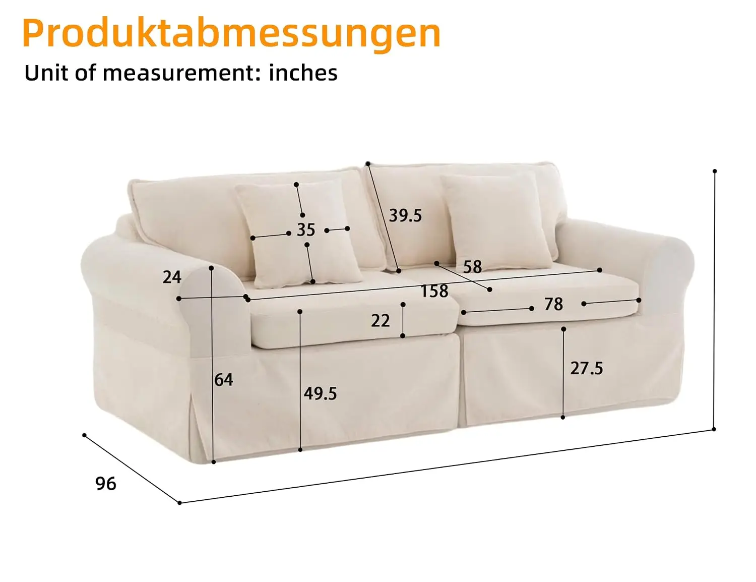 Modern Loveseat, Upholstered with Pillows & Armrests, Deep Seating Removable Cover for Living Room, Beige 3 Seats, Customized