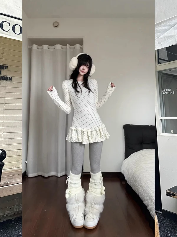 الأمريكية البولكا نقطة تنورة طويلة Sve تي شيرت المرأة الشتاء سليم صالح ميدي طول بعقب تغطي ملابس داخلية قاعدة irt