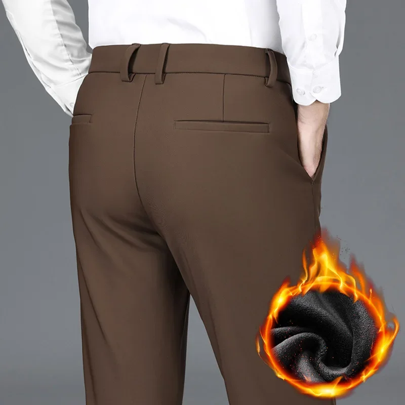 

Winter Fleece Men's Casual Pants Fashion Solid Color Classic Business Slim Thickened Warm Velvet Trousers Brand Plush Clothing