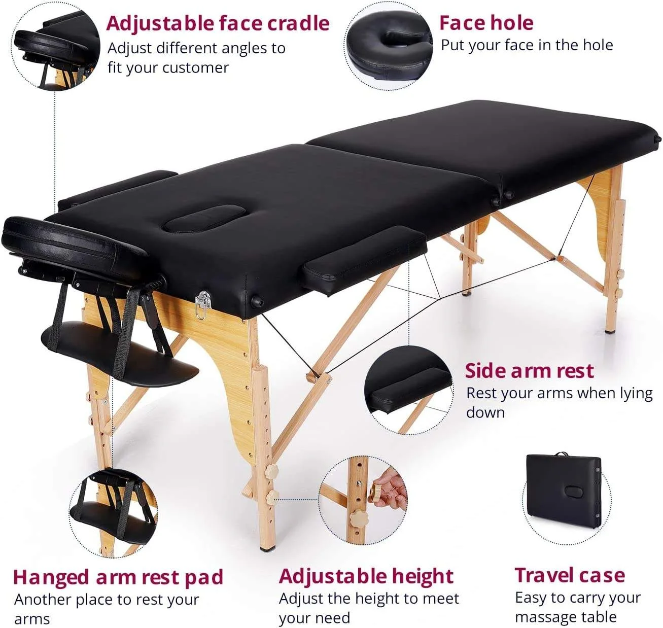 Modern Height-Adjustable Portable Massage Table Therapy Bed with Carrying Bag for Spa Salon Gym Bathroom