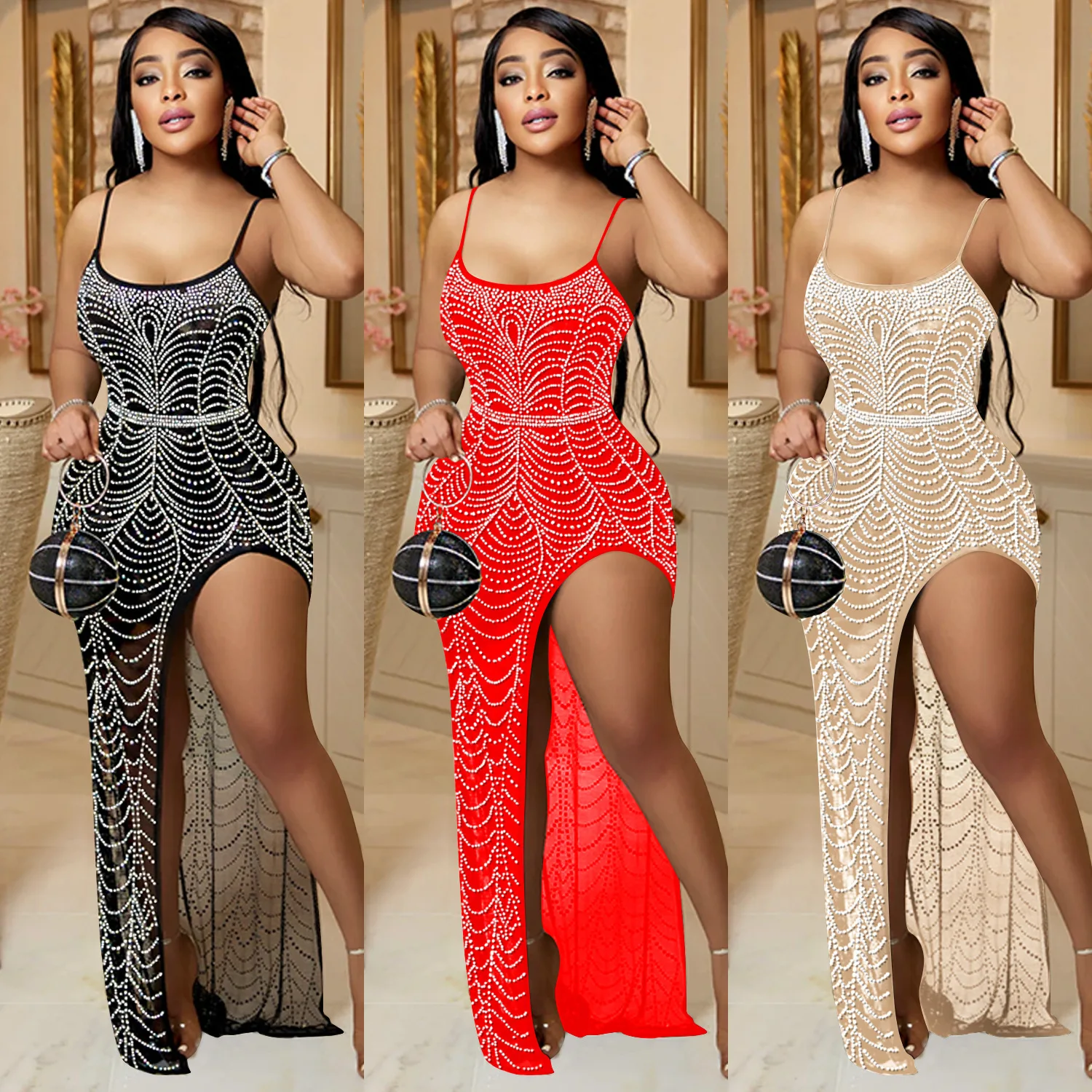 C5730 Abito da donna lungo con diamanti caldi irregolari con fionda in tinta unita di nuova moda