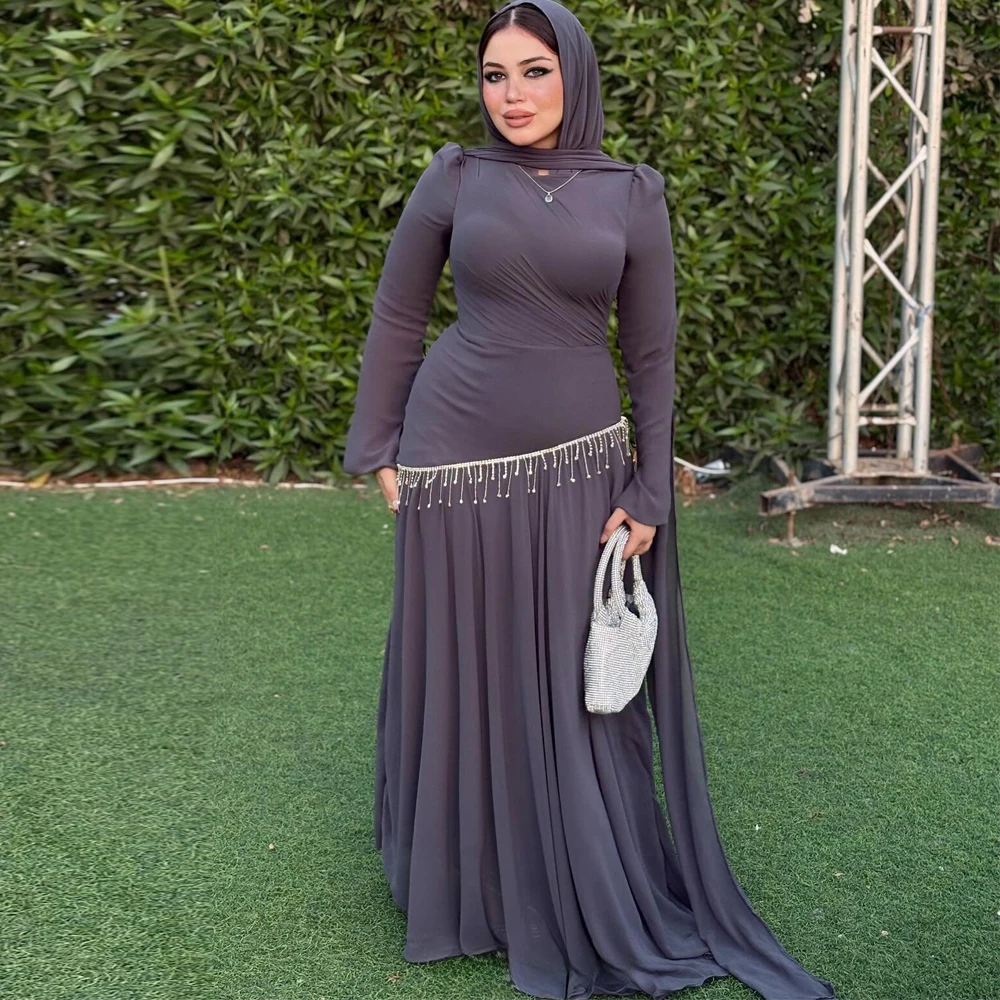 

Customized Vintage Hijab Evening Dress Beading Tassel Muslim Prom Gown O Neck Bell Sleeves Mermaid Abiye Gown