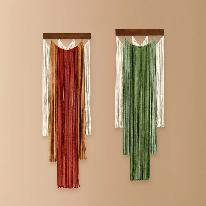 Macrame Wall Hanging Tapestry Boho Fringe Wooden Woven Green Wall Art Bedroom Living Room Dorm Home Decoration
