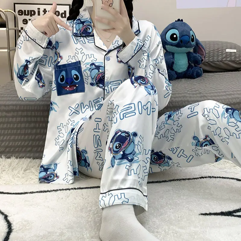 Stitch winter ice silk long-sleeved cartoon pajamas cardigan loose Disney new two-piece set women\'s pajamas loungewear set