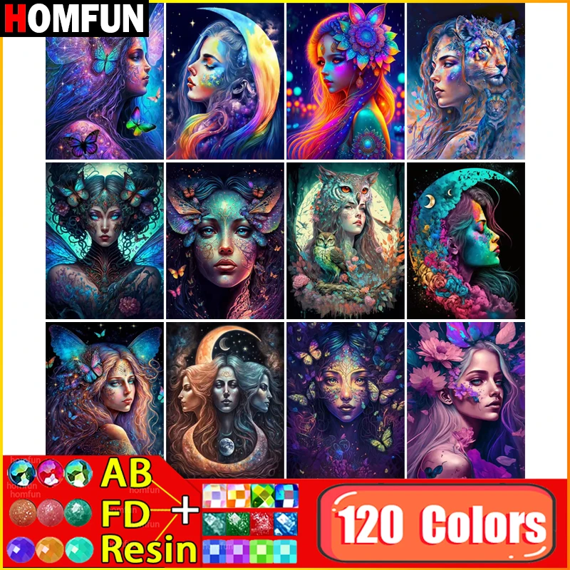 HOMFUN 120 Farben AB Feenstaub Harz Volldiamantgemälde „Mädchen“ Harzbohrer Stickerei 5D Diy Diamantgemälde Handgemachtes Geschenk