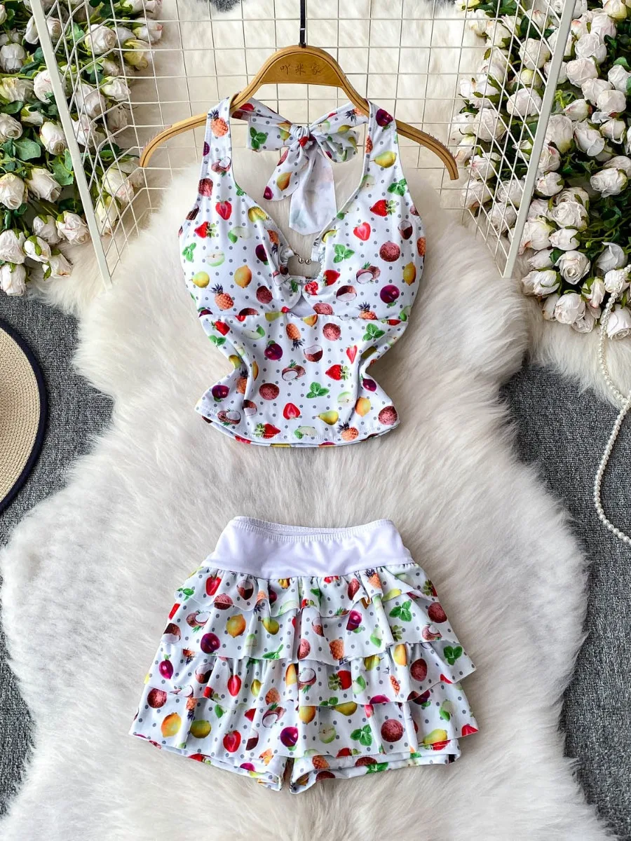 

Foamlina, сексуальный жилет с открытой пряжкой и v-образным вырезом, модный купальный костюм для девочек, многоуровневая мини-юбка с принтом, комплект из двух предметов