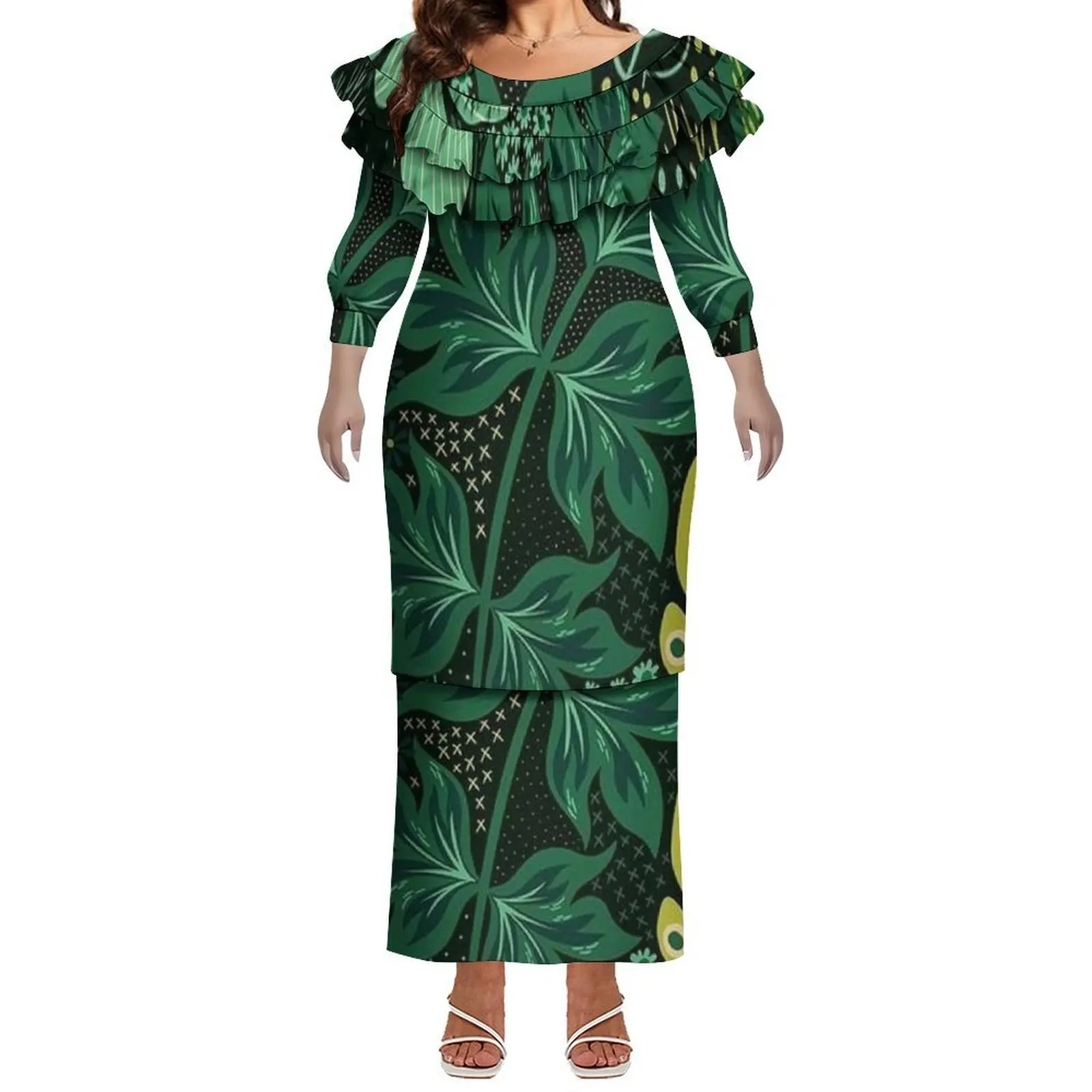 

Polynesian Custom-Made Hibiscus Pattern Design Lotus Leaf Lace Sexy And Slimming Puletasi Suit Dress For Women