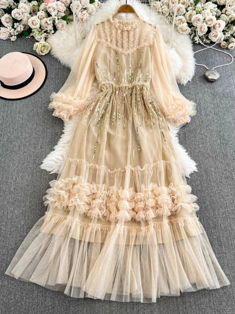 

Fashion Elegant Dresses Sequined Gauze Ruffles Patchwork O Neck Lantern Sleeve Long Dress Spring Design 2025 New Women Clothing