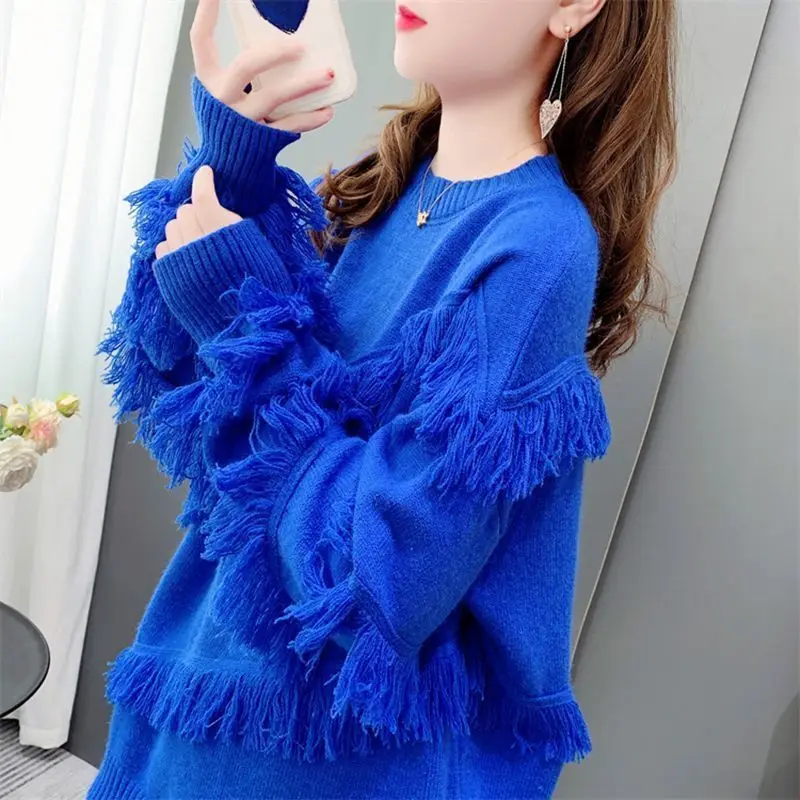 DAYIFUN-Women's Long Sleeve Loose Knitted Pullovers Korean Sweaters Round Neck Fringed Jumpers Female Clothing Autumn Winter New