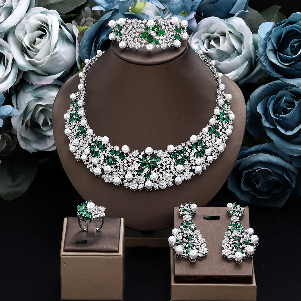 Charm Women Imitation Pearl Cubic Zirconia Jewelry Set Necklace Earrings Bracelet Ring Bridal Wedding Christmas Gift Accessory