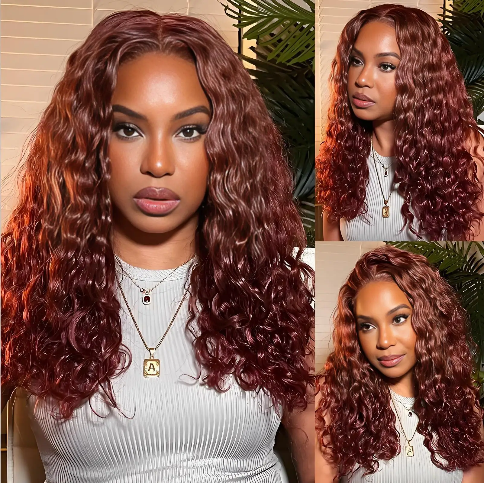

Reddish Brown Deep 13x6 HD Lace Frontal Wig Water Wave Human Hair Wig 250 Density For Black Women Wave Human Hair Wigs