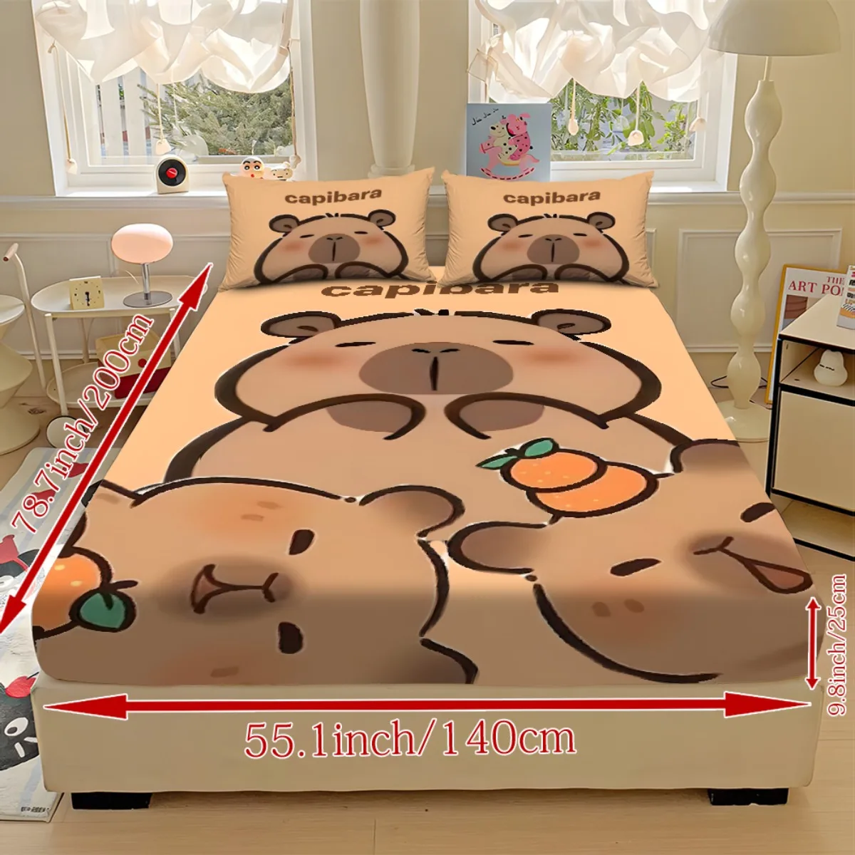 3PCs Cute Capybara Polyester Sheet Soft Digital Cartoon Print Fitted Sheet With 2 Pillowcases Birthday Gifts For Kids Bedroom