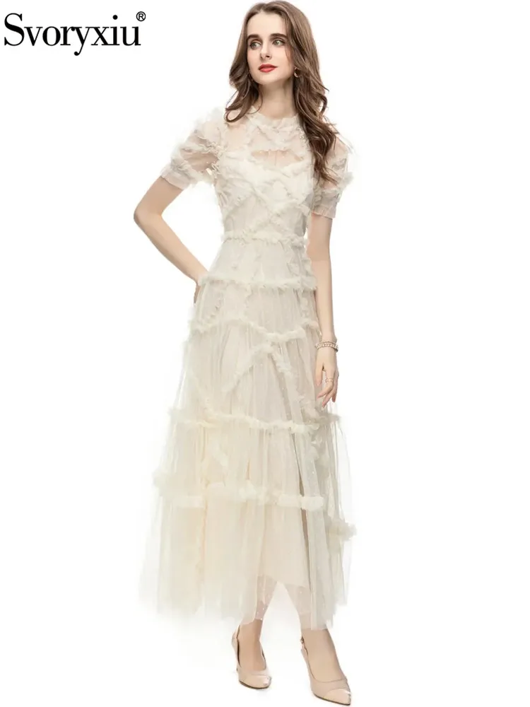 

Svoryxiu Summer Fashion Designer Ivory White Elegant Long Dress Women's Lantern Sleeve High Waist Net Yarn Flounces Dresses
