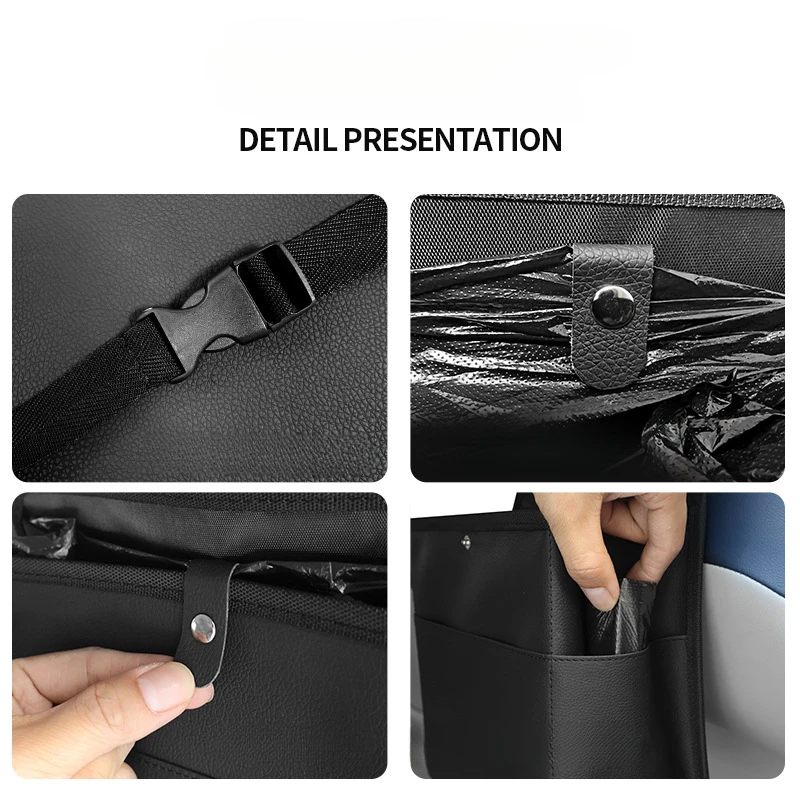 Car Trash Bin Leather Auto Front Passenger Seat Hanging Garbage Storage Organizer Seat Back Phone Tissue Pockets Accessories view 3