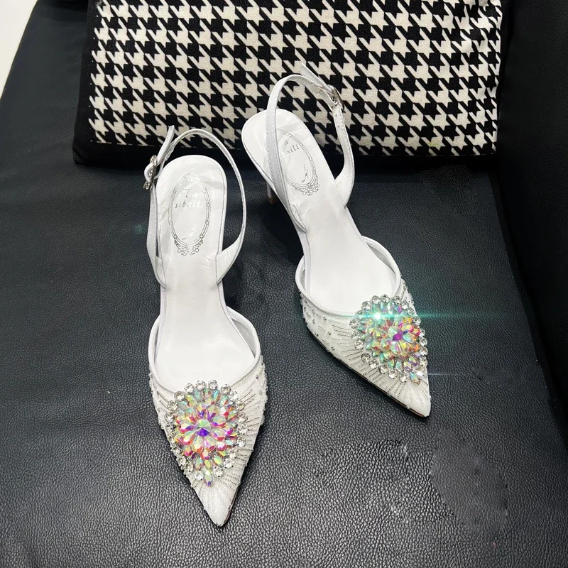 

Summer leather pointed toe, slim heel, rhinestone wrap, white straight line sandals, women's temperament, single shoe women