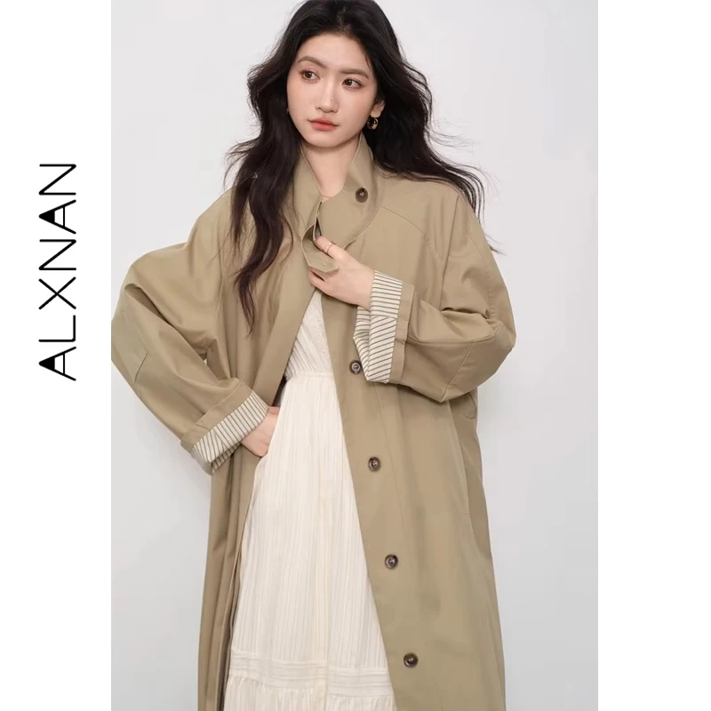 ALXNAN 카키 트렌치 가을 겨울 오버사이즈 싱글 브레스티드 패치워크 미드 길이 코트 방풍 공식 출퇴근용 트렌치 L57538