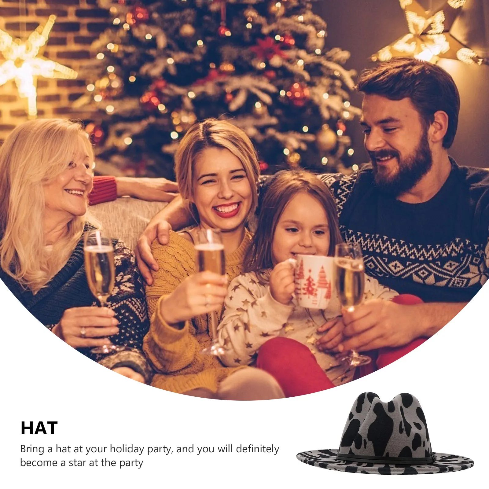 

Woolen Big Brim Hat Ladies Cap Cow Print Jazz Beanie Vintage Flat edge Adjustable Strap Comfortable Design Party Hat Wool
