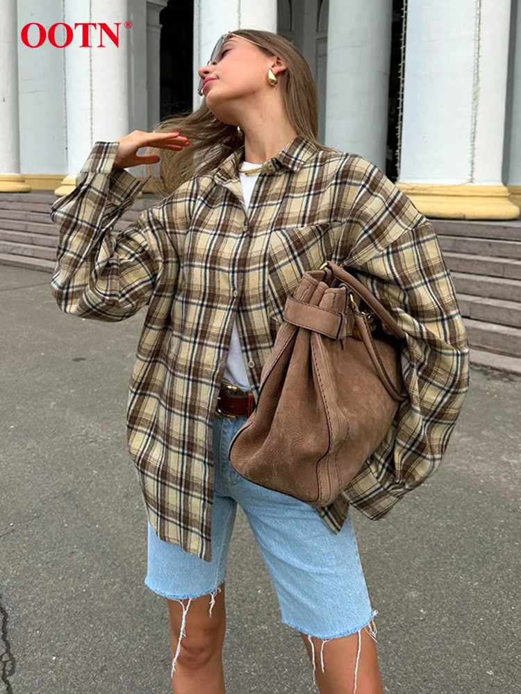 OOTN Autumn Loose Plaid Shirts Blouses Female Fashion Long Sleeve Pockets Blouses Casual Thin Single Brasted Shirts Women 2024