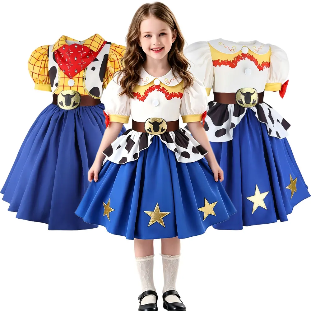2026 Movie Cosplay Costume Kids Western Cowgirl Outfit Puff Sleeve 2-8Y Halloween Woody Dress Jessie Toy Party Role Play Apparel