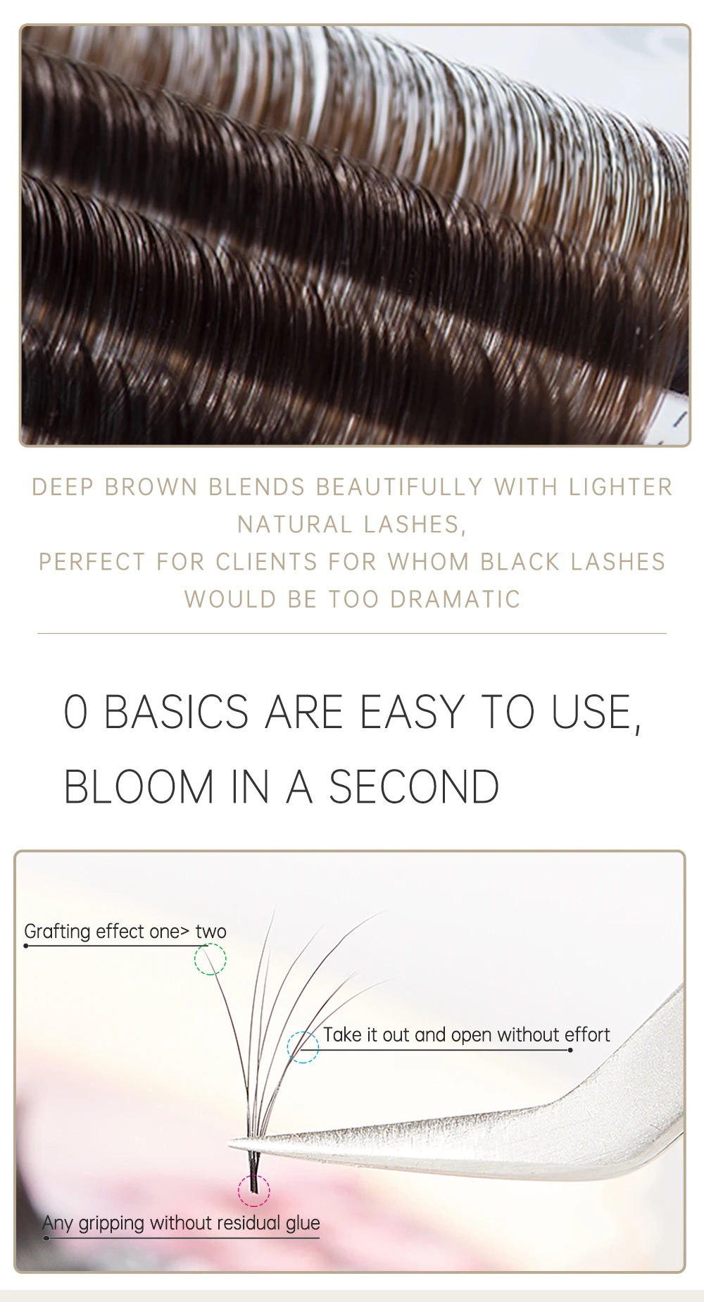 Yelix Brown Easy Fanning Volume Wimpernverlängerungen aus Kunstnerz, weiche Seide, dunkelbraun, B C CC D Curl, 0,05 mm, 8-15 mm, gemischte Längen, natürlich – Detail 4