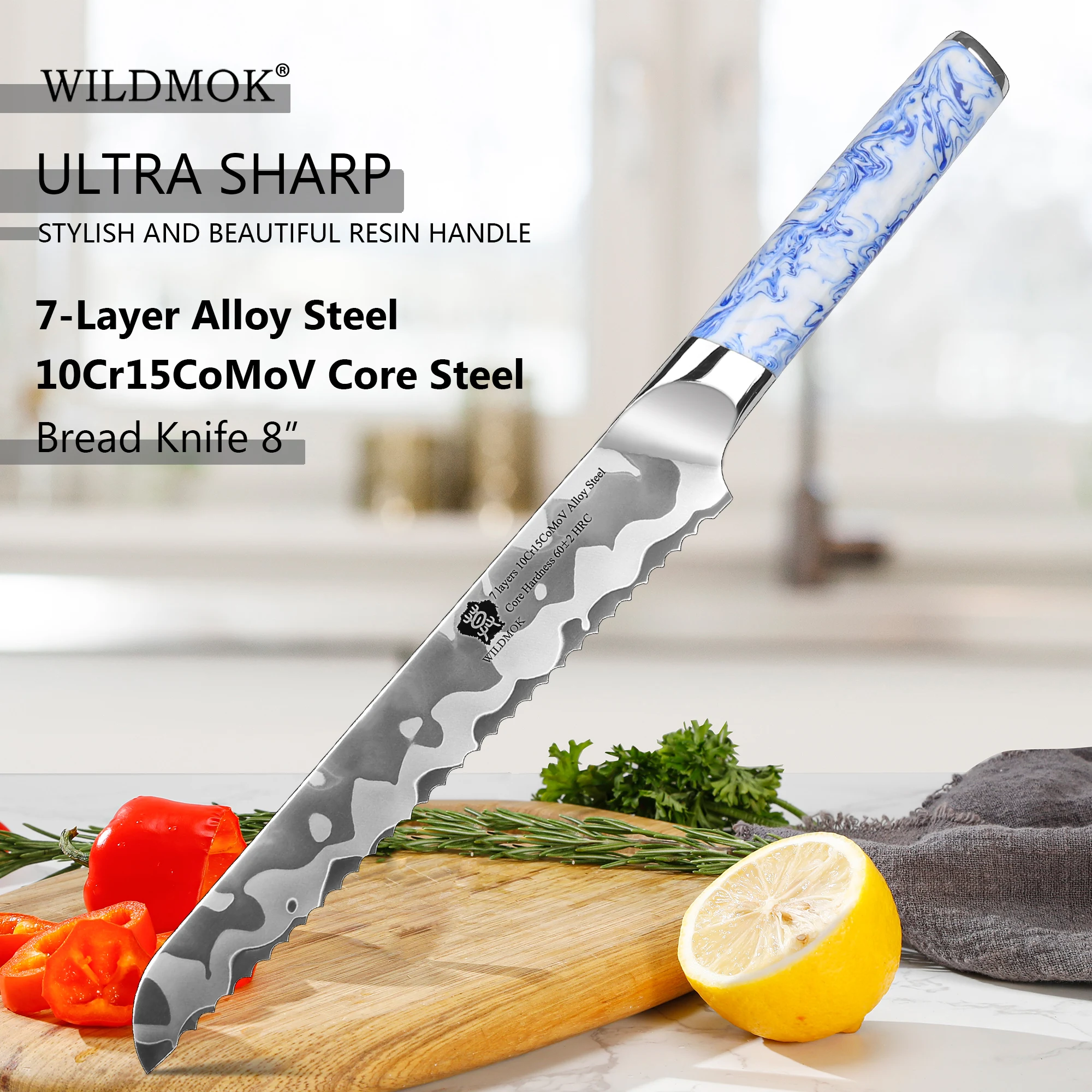 

WILDMOK Resin Handle 8 Inch Serrated Bread Knife, 7 Layers Clad Steel 10Cr15CoMoV Core Steel, Kitchen Bread Cutting Knife