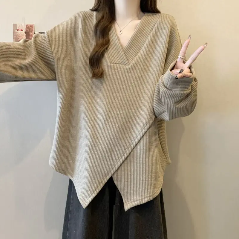 Textured Cross Design Long Sleeve Top for Women 2025 Spring and Autumn New Loose Slimming Base Shirt