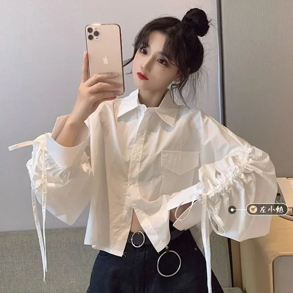 

2025 Blusas Mujer De Moda Off Shouder Drawstring Shirts White Blouse Women Fashion Sweet Peter Pan Collar Long Sleeve Crop Tops