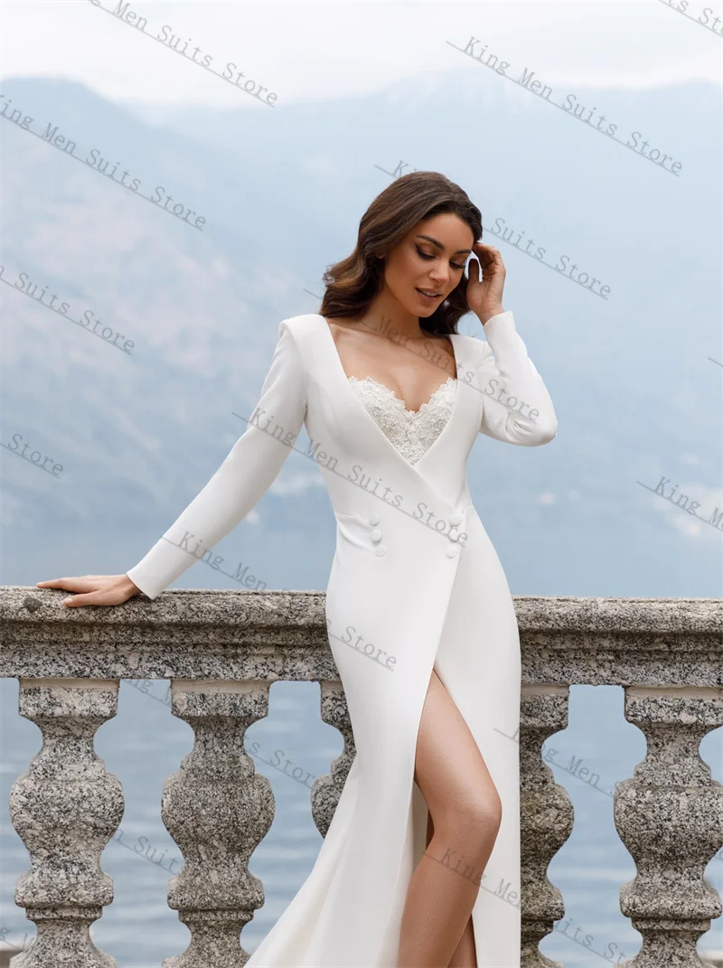 

Designer Women Suits 1 Piece Long Blazer Prom Dress Lace Elegant White Customized Office Lady Jacket Wedding Tuxedo Cotton Coat