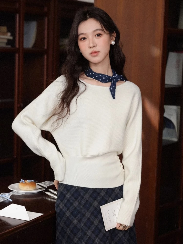 

ALXNAN белый трикотаж с длинными рукавами, пуловеры с разрезом на шее, заниженными плечами и талией, осенние простые многослойные зимние свитера L58662