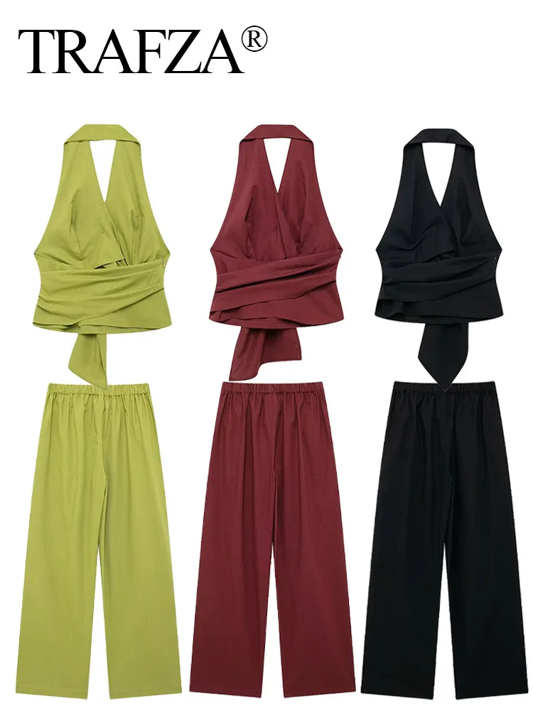 TRAFZA 2024 Female Sets V-Neck Sleeveless Backless Zipper Tops+Elastic Waist Lace-Up Wide Leg Pant ​​​​Summer Pants Suit Casual